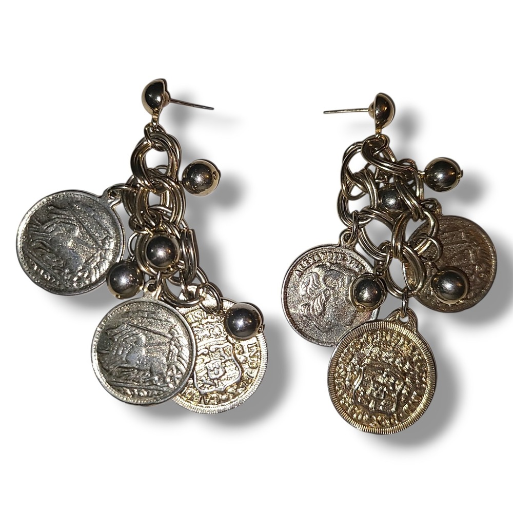Vintage 80s Gold Tone Coin Dangle Earrings Chunky Chain Statement Pierced